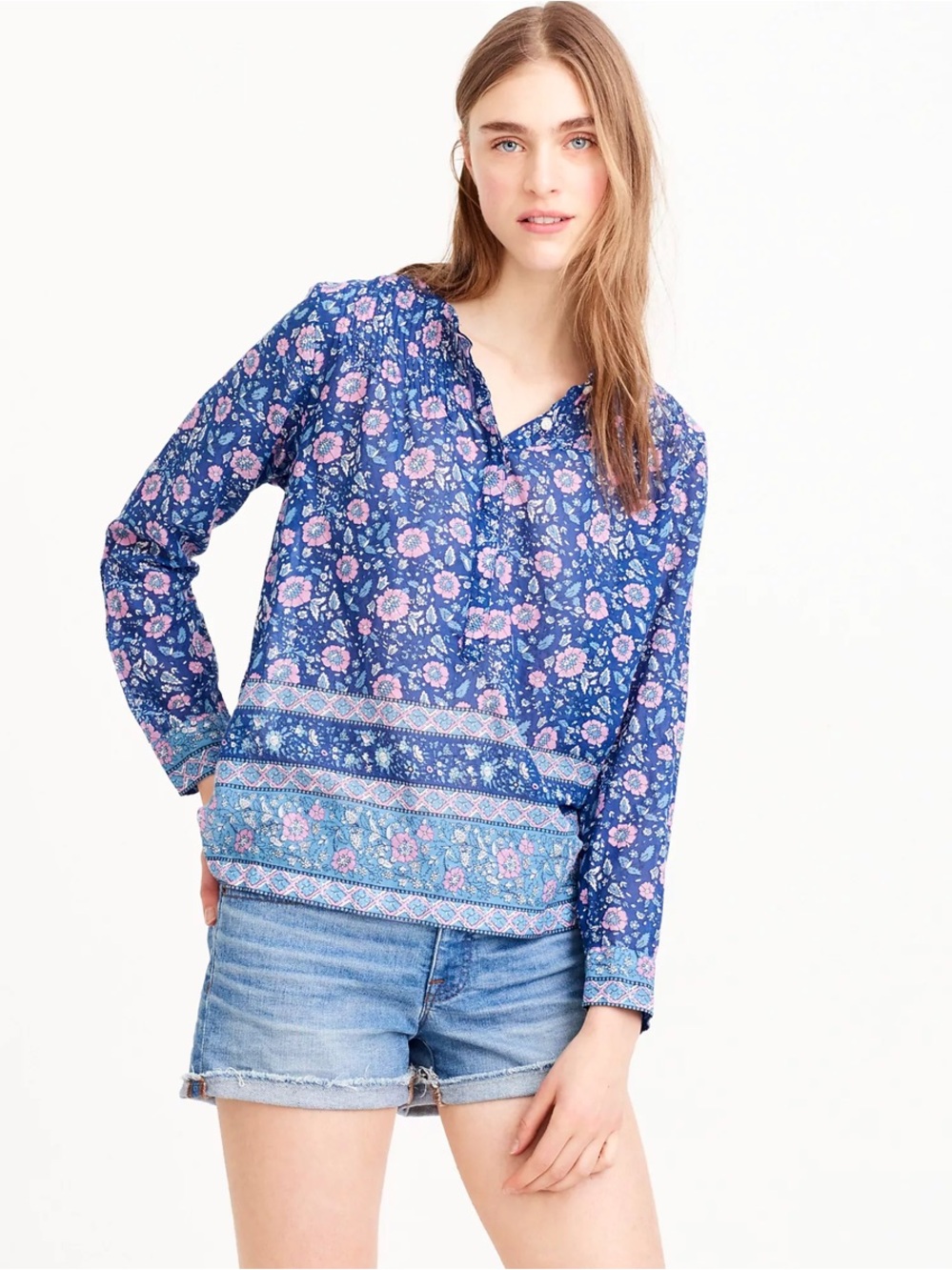 J. Crew Blue Floral Long-Sleeve Peasant Blouse